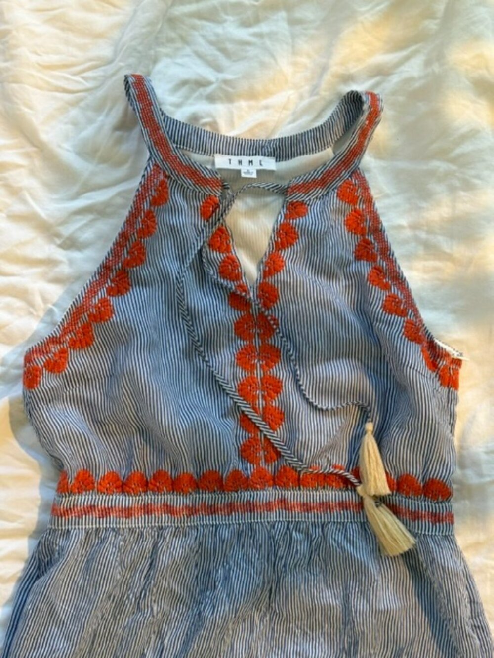 THML Embroidered Striped Maxi Dress Blue White Orange Tassel Tie Size S